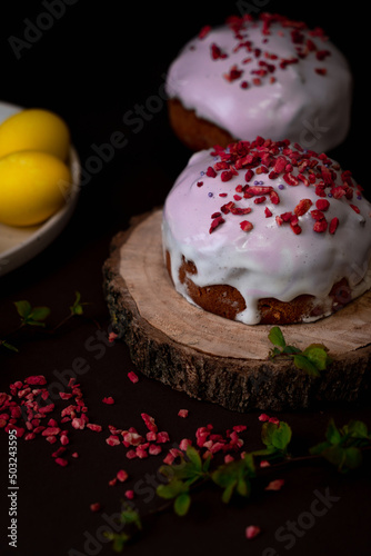 Easter cake with berries on a dark background.