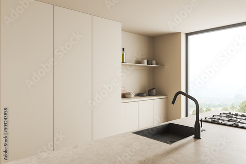 Light kitchen interior with countertop, sink and shelves, panoramic window