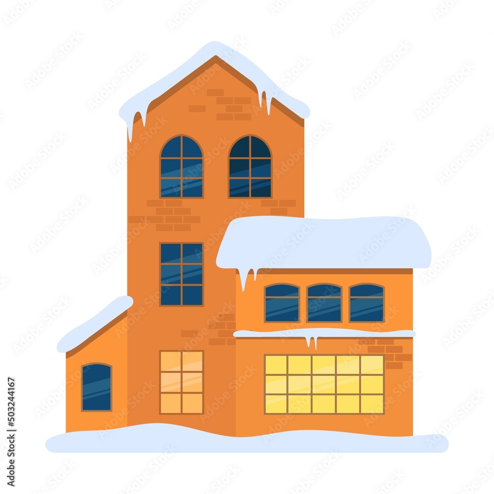 high school house with a side entrance in a winter town. Vector illustration of Christmas buildings on the street