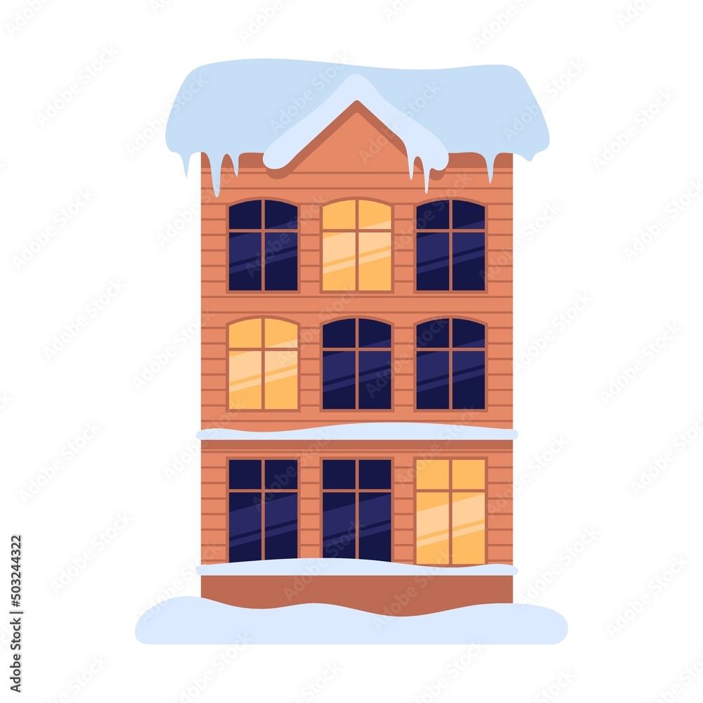 high multi storey building hotel in a winter town. Vector illustration of Christmas buildings on the street. cartoon roof