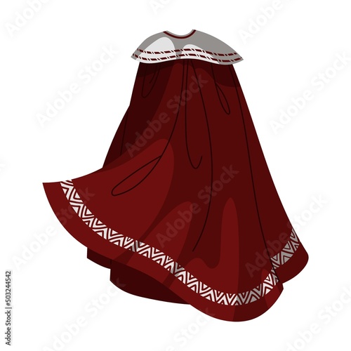 velvet burgundy Cloak of magic character. Vector illustration of clothes flying on wind. Cartoon Dracula cloak, superhero cape with hood isolated on white