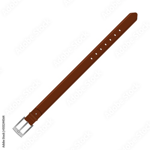 Classic brown leather belt flat vector illustration. Straps with metal, brass or steel buckle rings isolated on white background