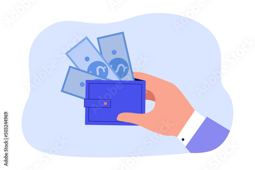 Hand of businessman holding wallet with dollar bills. Person earning, investing or lending money flat vector illustration. Finances, wealth, investment, budget concept for banner or landing web page