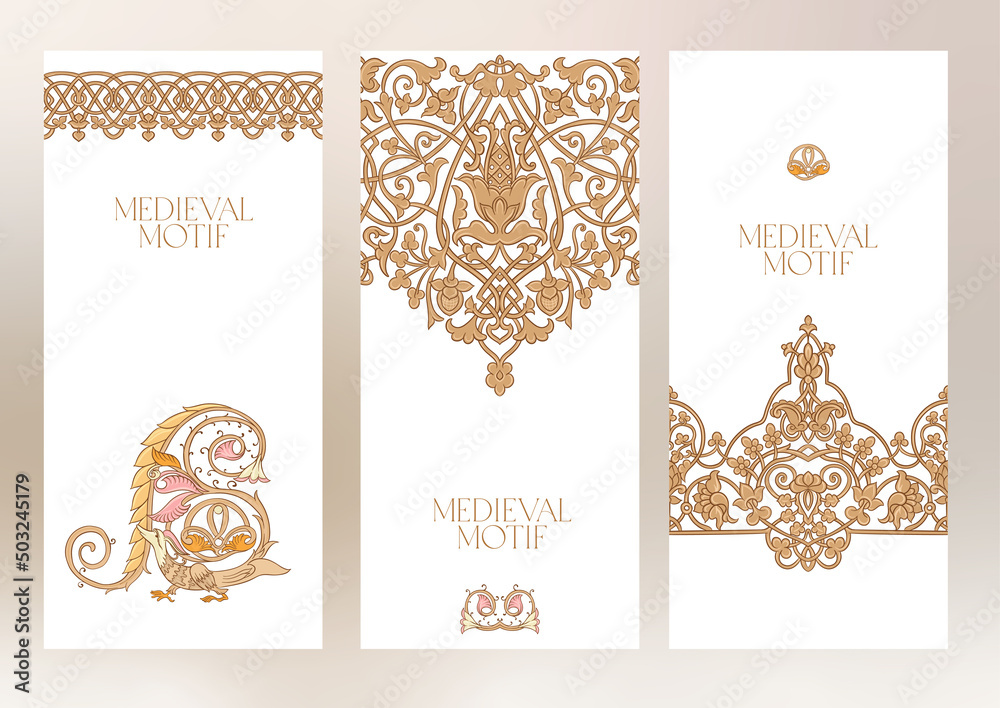 Fototapeta premium Byzantine traditional historical motifs of animals, birds, flowers and plants Template for wedding invitation, greeting card, banner, gift voucher, label. Vector illustration.