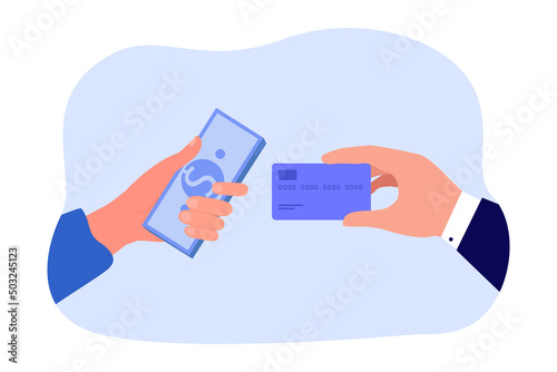 Hands exchanging banknotes for credit card. Person depositing money or cash in bank flat vector illustration. Finances, banking concept for banner, website design or landing web page