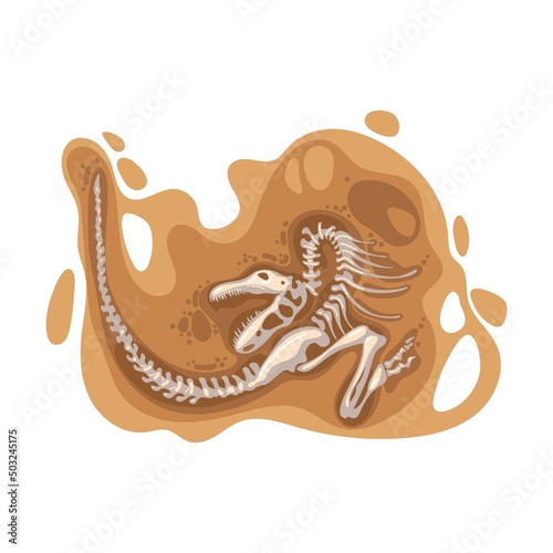 Dinosaur fossil vector illustration. Bones or skeleton of prehistoric reptiles found underground during excavations isolated on white background. Archeology, paleontology