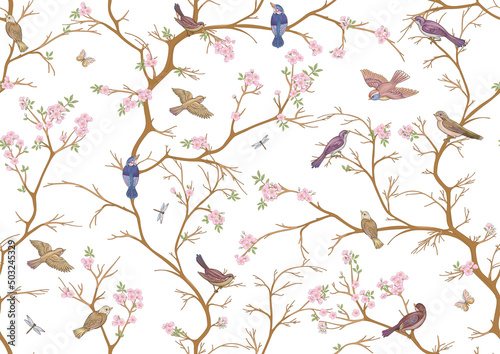 Cherry blossom branches against the sky with sparrow, finches. Seamless pattern, background. Vector illustration. Chinoiserie, traditional oriental botanical motif. In botanical style © Elen  Lane