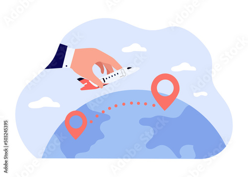 Big hand holding airplane above globe with location markers. Pilot flying plane across continents flat vector illustration. Traveling, tourism, vacation concept for banner or landing web page