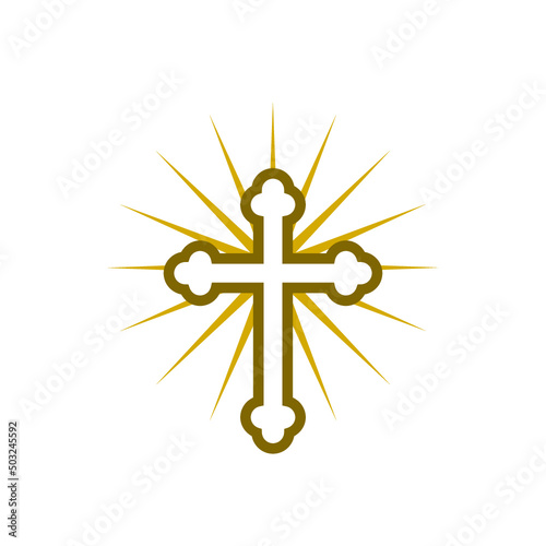 Christian cross with sun rays icon isolated on white background