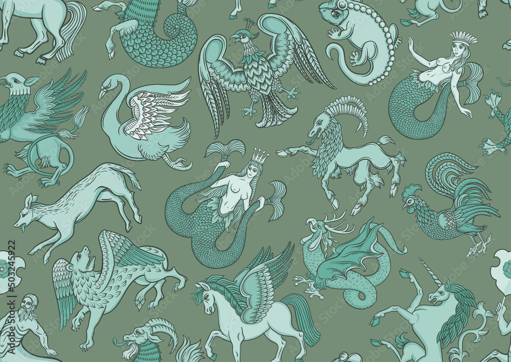 Obraz premium Symbolic, heraldic animals and creatures. Classic, traditional design. Historical ornament seamless pattern, background. Vector illustration.