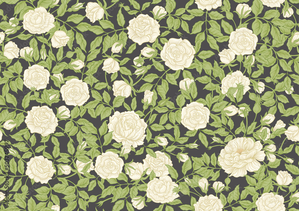Roses flowers on branches. Millefleurs trendy floral design. Seamless pattern, background. Vector illustration.