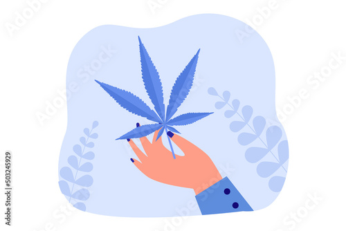 Female hand holding marijuana or cannabis leaf. Person with drug or weed flat vector illustration. Medicine, addiction, health concept for banner, website design or landing web page