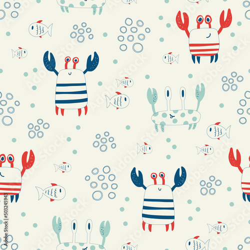 Vector hand drawn colored childish seamless repeat simple flat pattern with crabs and fishes in scandinavian style. Pattern for children with crabs. Sea ocean. Undersea world.