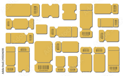 Set blank ticket template. Yellow color, gold. Concert tickets, lottery coupons. Golden tickets. Vector coupon. Ticket template.