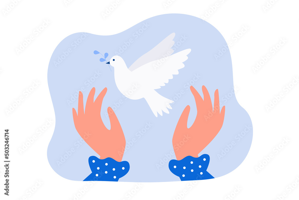 Flying peace dove in human hands flat vector illustration. White pigeon or bird with olive branch as symbol of freedom, hope or love. Purity, harmony, innocence concept Flying peace dove in human hands flat vector illustration. White pigeon or bird with olive branch as symbol of freedom, hope or love. Purity, harmony, innocence concept