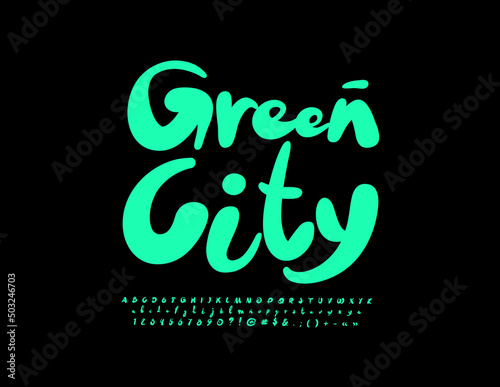 Vector eco logo Green City. Handwritten Green Font. Artistic Alphabet Letters and Numbers