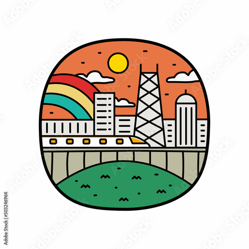 a train cross a city and tower at the day .Design for t-shirt, badge, kids stuff, sticker, etc