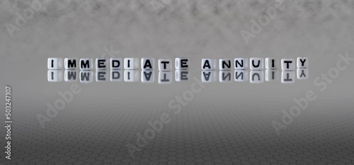 immediate annuity word or concept represented by black and white letter cubes on a grey horizon background stretching to infinity