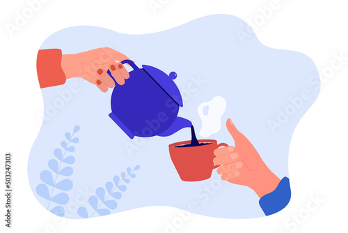 Hand holding teapot and pouring hot tea into cup. Male and female hands holding kettle and mug flat vector illustration. Communication, teatime concept for banner, website design or landing web page