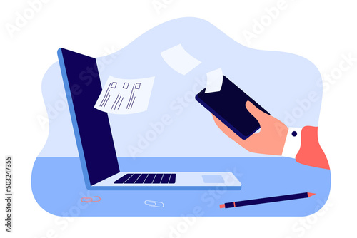 Hand of busy office worker holding phone in front of laptop. Sheets of paper or stickers with checklists or to-do lists flat vector illustration. Time management, organization concept for banner