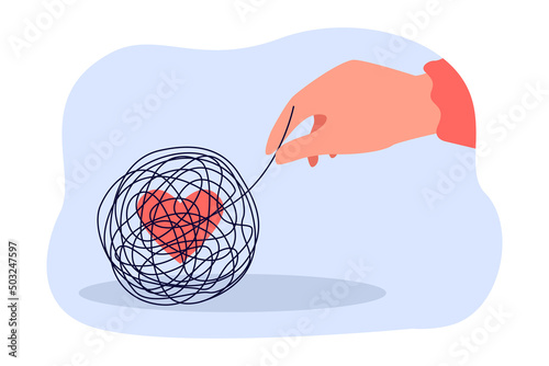 Hand untangling tangle around heart. Person finding solution to problems in love life flat vector illustration. Phycology, mental health, love concept for banner, website design or landing web page