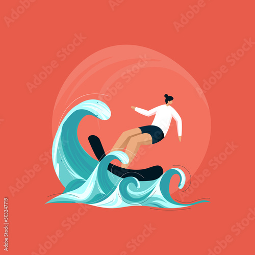 Surfer standing on surf board, beach and summer wave rider, Tropical lifestyle concept