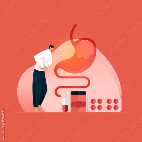 Person having Stomach ache, bending with hands on belly, discomfort from Menstrual cramps
