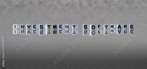 investment software word or concept represented by black and white letter cubes on a grey horizon background stretching to infinity