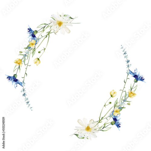 Watercolor painted floral wreath on white background. Yellow, blue, white wild flowers. Vector illustration.