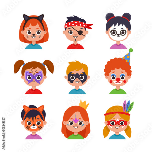 Children faces with colorful painting cartoon illustration set. Portraits of happy boys and girls or kids with animals, butterfly, superheroes painting or creative makeup. Party, entertainment concept