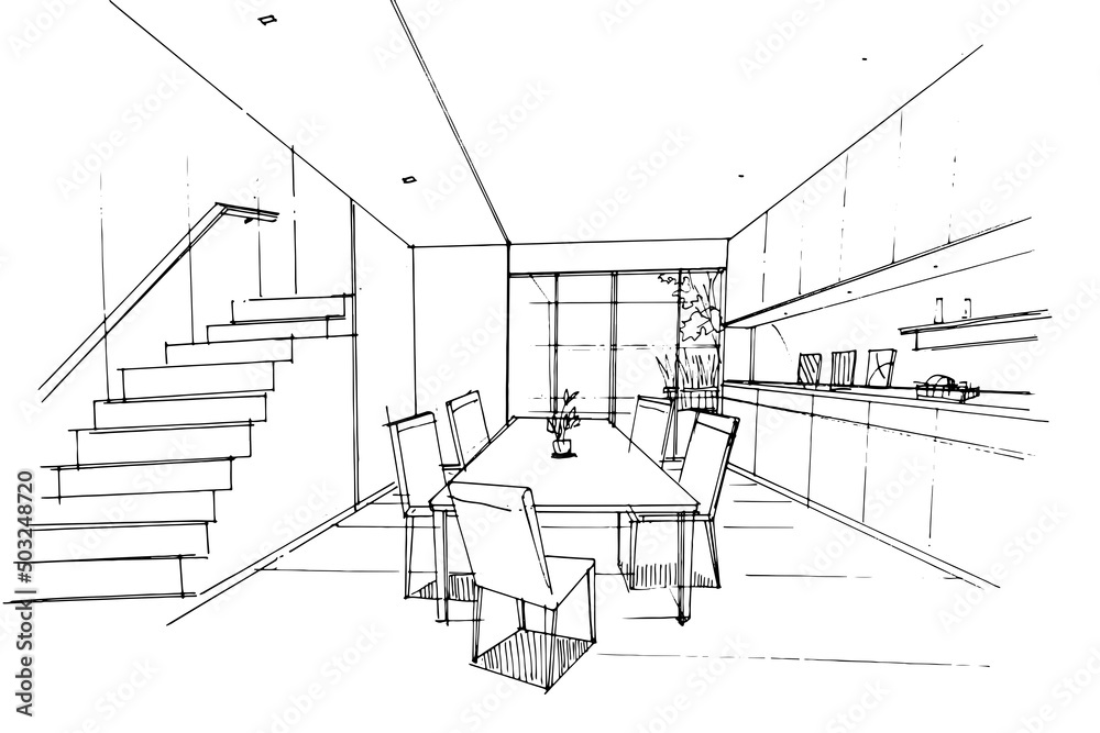sketch drawing dining area and pantry,Modern design,vector,2d illustration