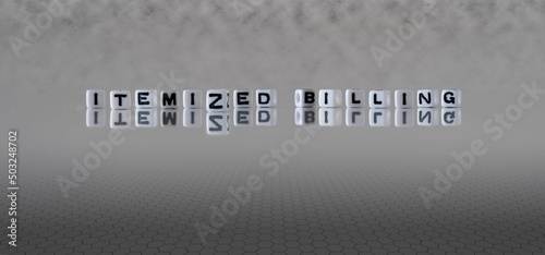 itemized billing word or concept represented by black and white letter cubes on a grey horizon background stretching to infinity