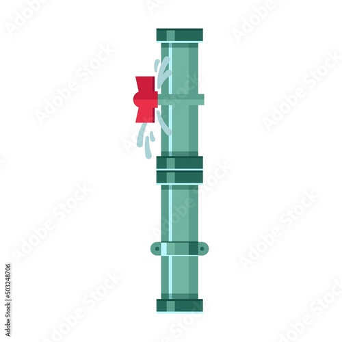 Broken metal pipe with tap valve with leakage of water. Vector illustration of industrial pipelines with leaks. Cartoon tap, pressure meter isolated on white
