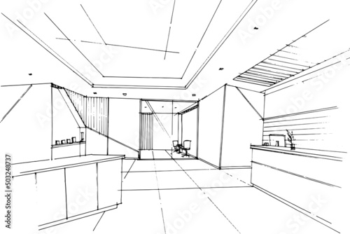 lobby office sketch drawing,office reception area,Modern design,vector,2d illustration