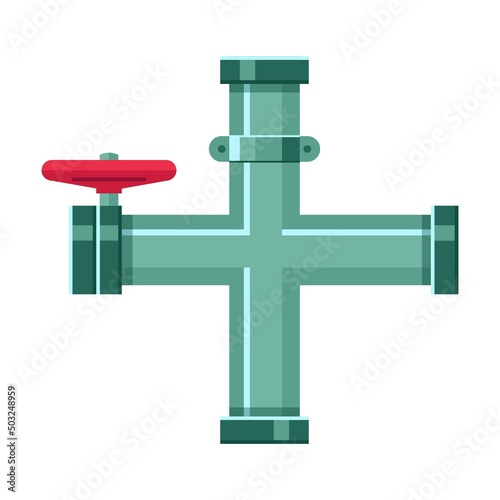 Broken metal cross pipe with leakage of water. Vector illustration of industrial pipelines with leaks. Cartoon tap, pressure meter isolated on white