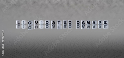 liquidated damage word or concept represented by black and white letter cubes on a grey horizon background stretching to infinity photo