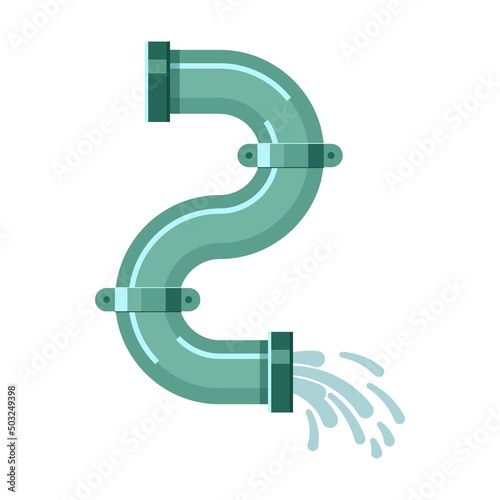 Broken curly metal pipe with leakage of water. Vector illustration of industrial pipelines with leaks. Cartoon tap, pressure meter isolated on white