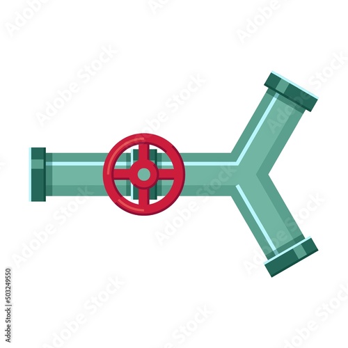 Broken metal tee splitter pipe. Vector illustration of industrial pipelines with leaks. Cartoon tap, pressure meter isolated on white