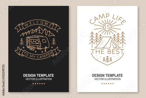 Camp life is the best. Vector. Concept for shirt or logo, print, stamp or tee. Line art flyer, brochure, banner, poster with camper tent, trailer, mountain and forest silhouette. Camping quote.