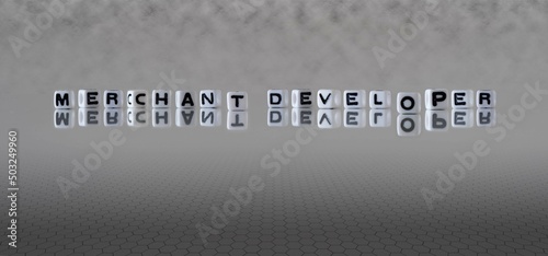 merchant developer word or concept represented by black and white letter cubes on a grey horizon background stretching to infinity