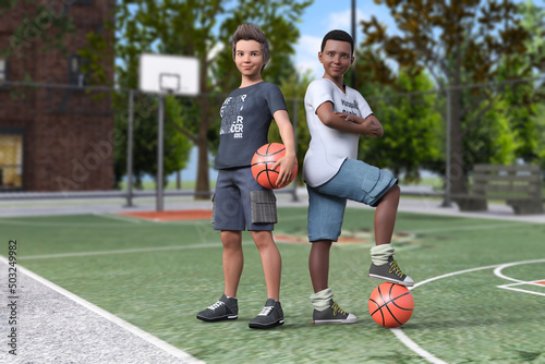 バスケットボールで遊ぶ2人の男の子