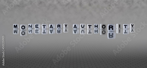 monetary authority word or concept represented by black and white letter cubes on a grey horizon background stretching to infinity