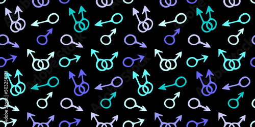 Vector seamless pattern of symbols of mars, male gender icons in doodle style. Man love combinations. Texture of theme of LGBTQ, gay love, pride, homosexual