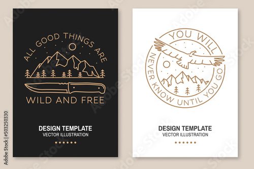 All good things are wild and free. Summer camp. Vector illustration. Set of Line art flyer, brochure, banner, poster with flying condor, knife, mountains and forest silhouette.