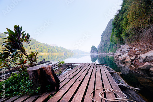 Fototapeta Naklejka Na Ścianę i Meble -  Beautiful  landscape with lake, mountains and natural attractions in Ratchaprapha Dam at Khao Sok National Park, Surat Thani Province, Thailand.
