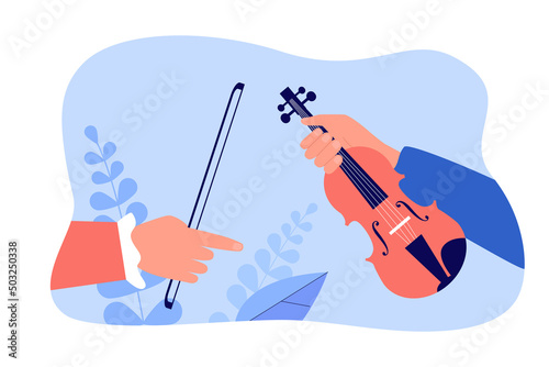 Hands holding violin and bow. Finger pointing at musical instrument flat vector illustration. Music, education, performance concept for banner, website design or landing web page