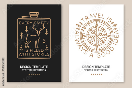 Travel is always a good idea. Vector illustration. Set of Line art flyer, brochure, banner, poster with metal hip flask, deer, wind rose and compass.