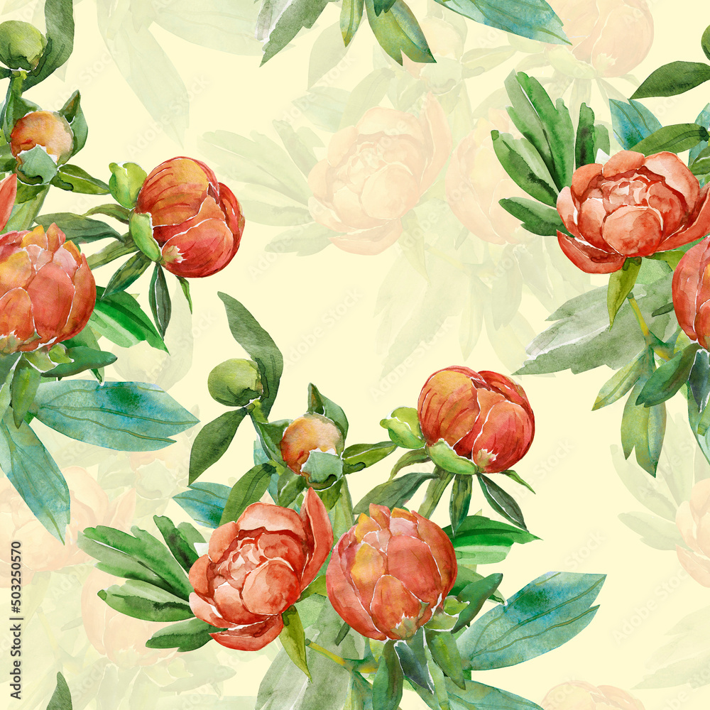 Pattern seamless of peonies.Watercolor illustration.Image on white and colored background. Pattern seamless of peonies.Watercolor illustration.Image on white and colored background.