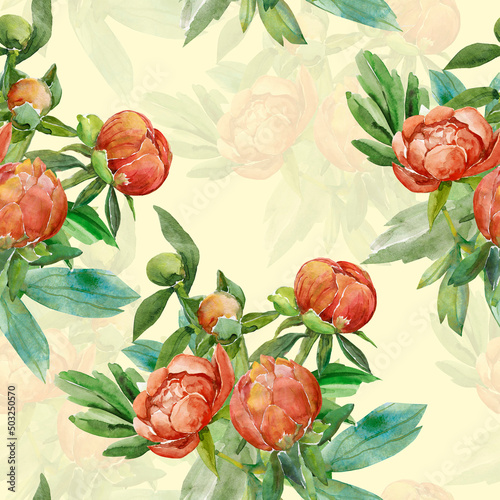 Pattern seamless of peonies.Watercolor illustration.Image on white and colored background. © svemar