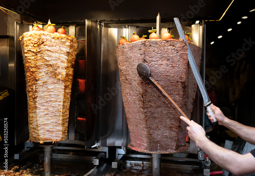 cutting doner meat in a street restaurant in istanbul